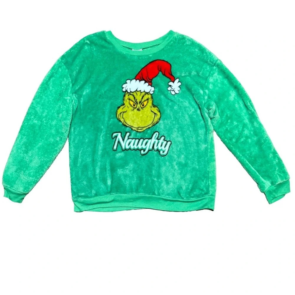 DR. SEUSS The Grinch Green Plush Crewneck Sweatshirt Naughty Santa Hat Size XXL
